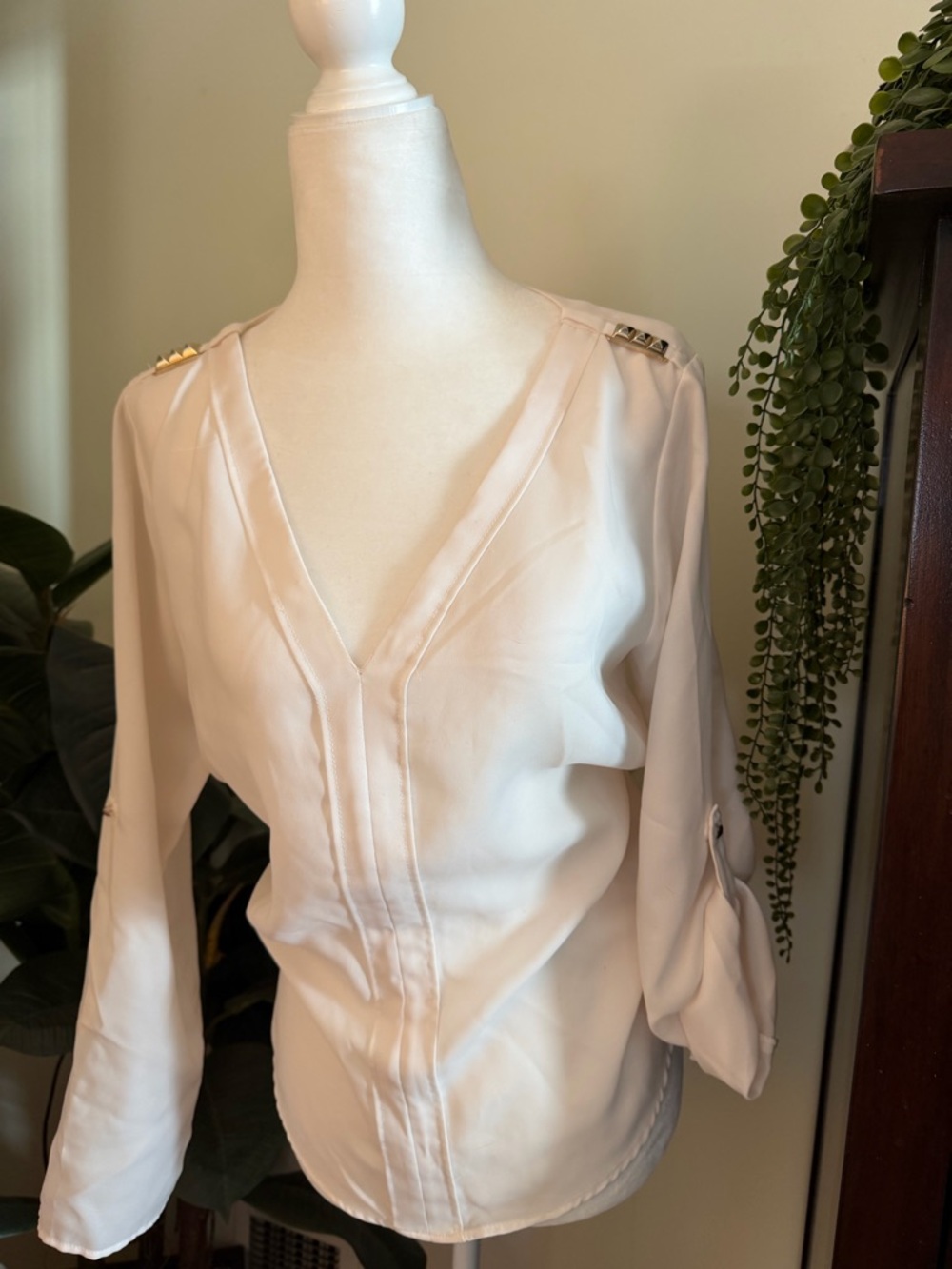 Zara Cream V-Neck Blouse with Shoulder Stud Detail